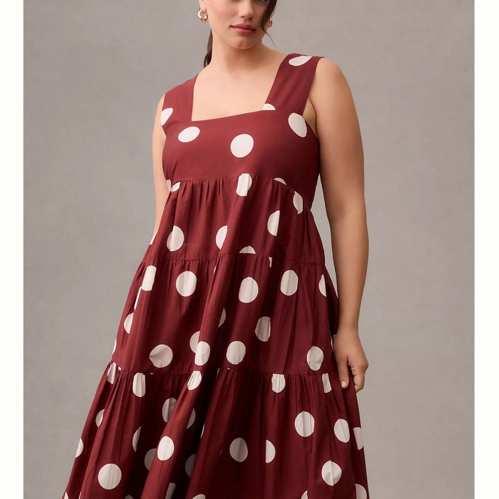 Red and White Midi Sundress with Square Neck